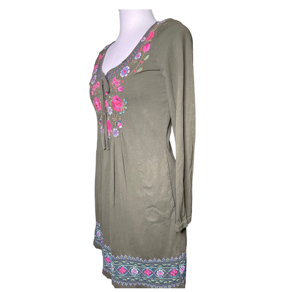 Johnny Was LA Embroidered Long Sleeve Olive Embroidered Dress - Picture 3 of 10
